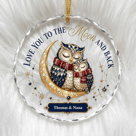 Two jeweled owls on a gold crescent moon with Love You to the Moon and Back text and names on a blue plaque.