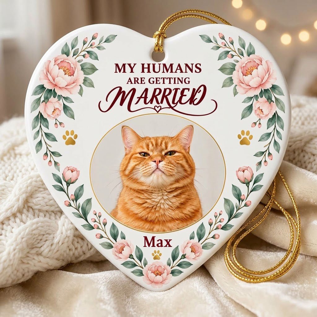Heart ceramic ornament with 'My Humans Are Getting Married,' a cat photo, pink florals, gold paw prints, and a heart ico