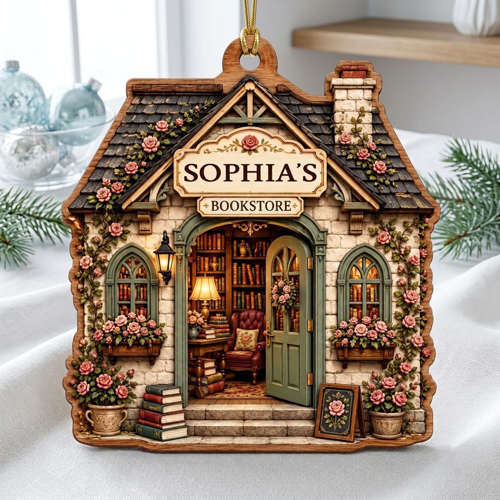 House-shaped wood ornament of a cozy bookstore with green door, rose vines, books, and a BOOKSTORE sign.