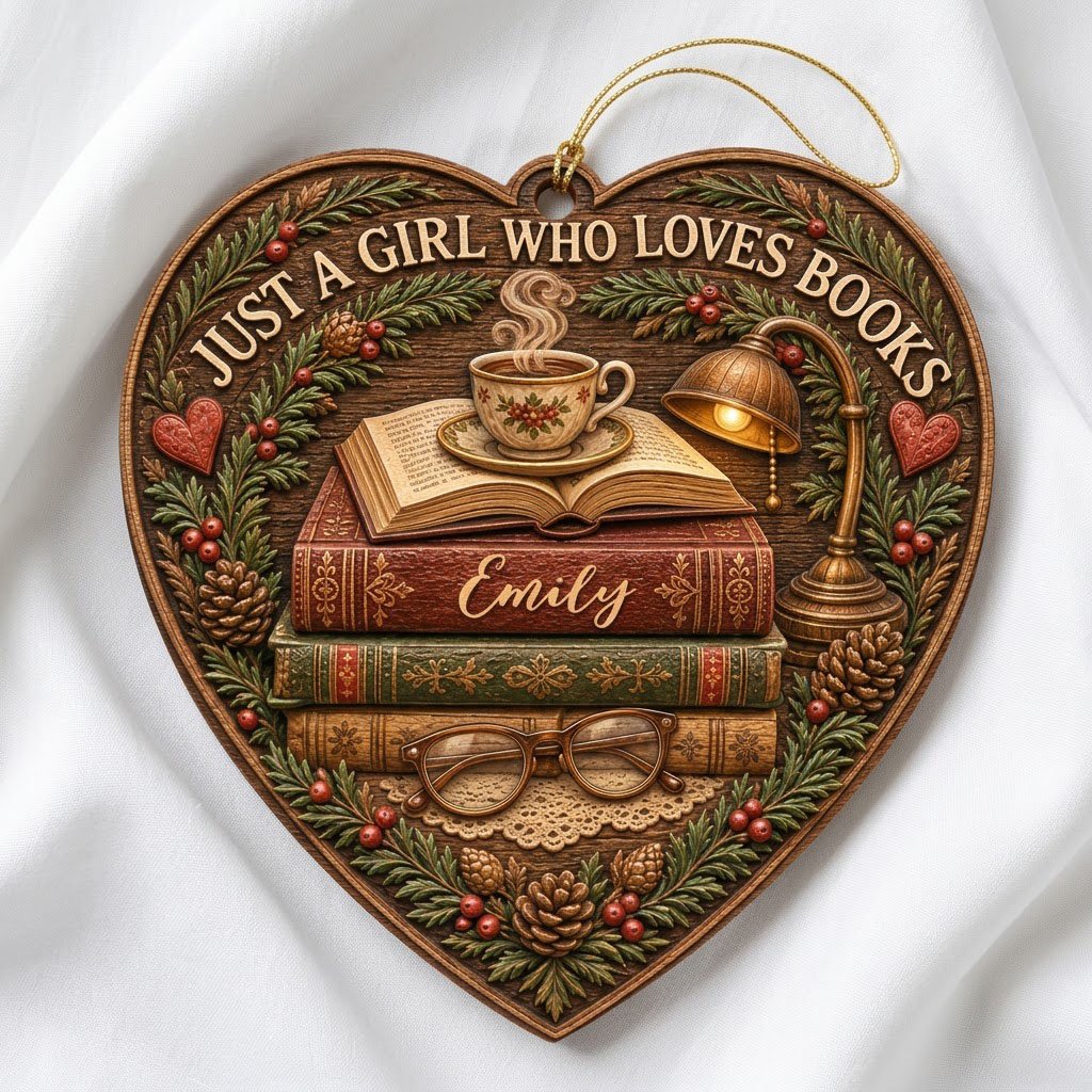 Heart-shaped wood ornament with books, open book and teacup, lamp, glasses, pine foliage, pinecones and hearts.