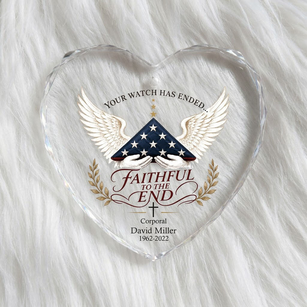 Personalized Police Memorial Your Watch Has Ended Folded Flag Angel Wings Heart Glass Ornament