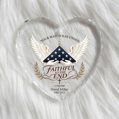 Personalized Police Memorial Your Watch Has Ended Folded Flag Angel Wings Heart Glass Ornament