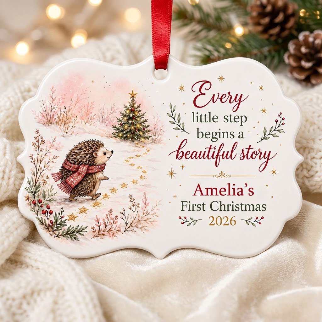 Scalloped ceramic ornament with hedgehog in red plaid scarf walking toward a decorated Christmas tree in the snow.
