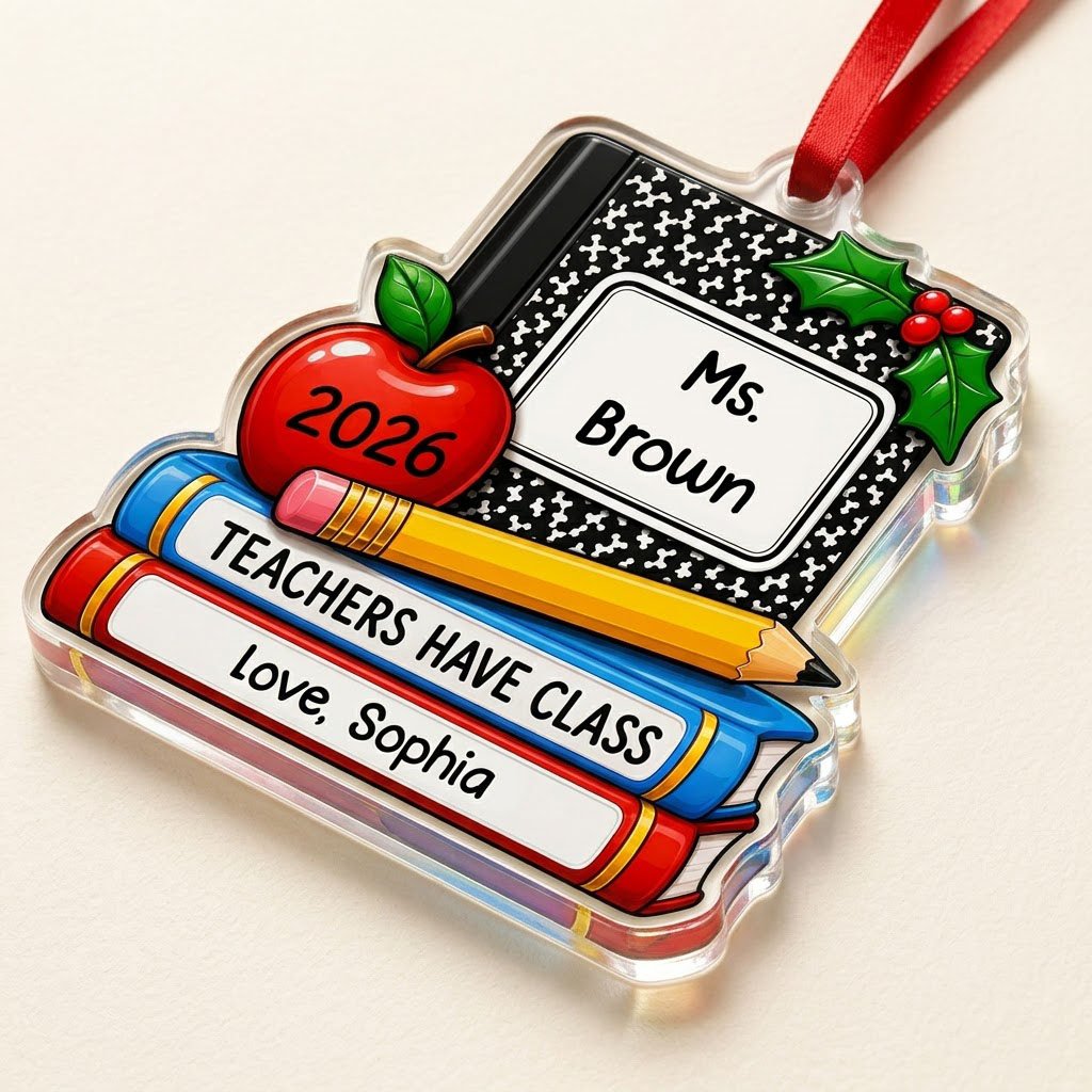 Personalized Teacher Composition Book Stack Acrylic Ornament, Custom School Appreciation Keepsake