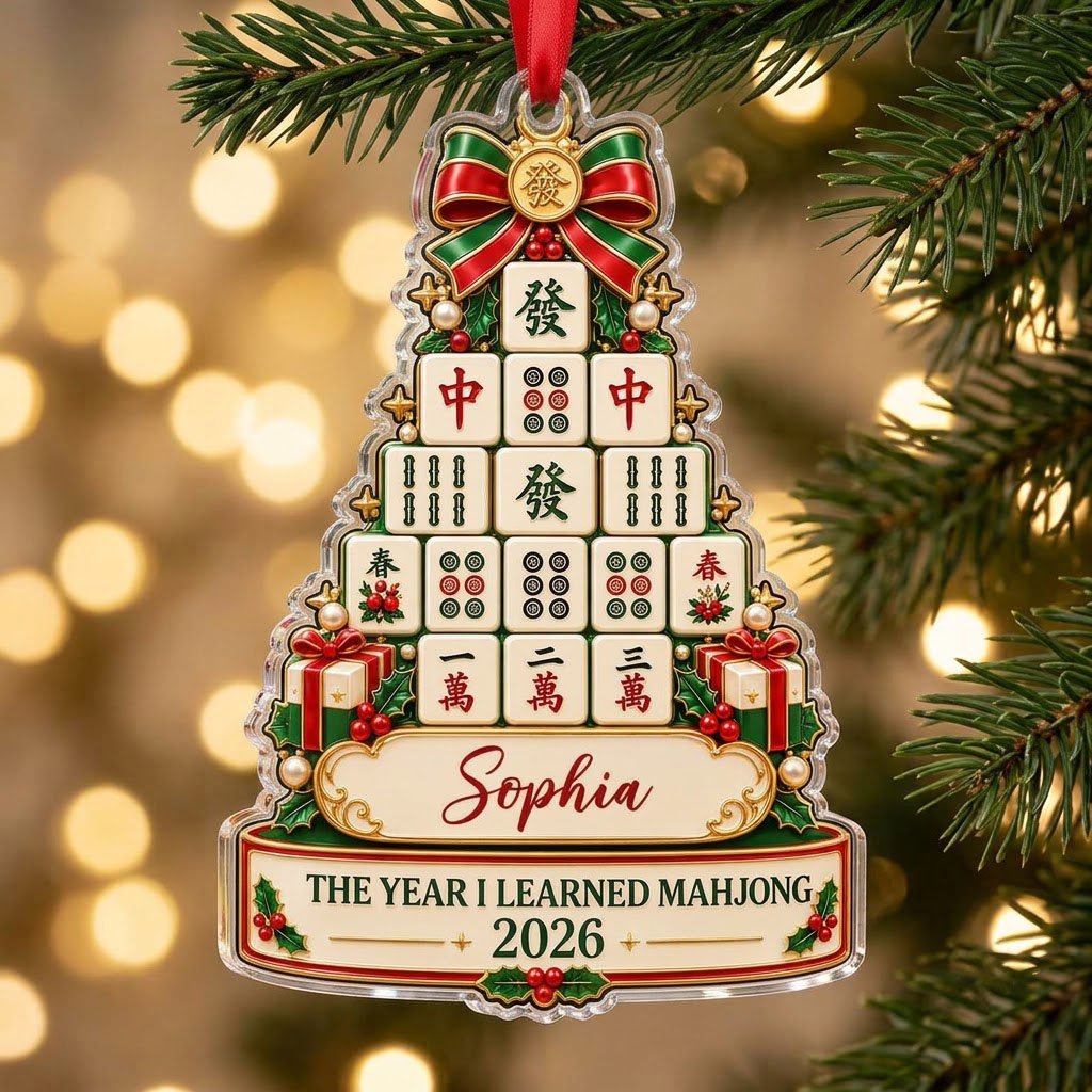 Acrylic tree ornament of mahjong tiles with bow, stars, holly, pearls, and two cream banners for name and year.