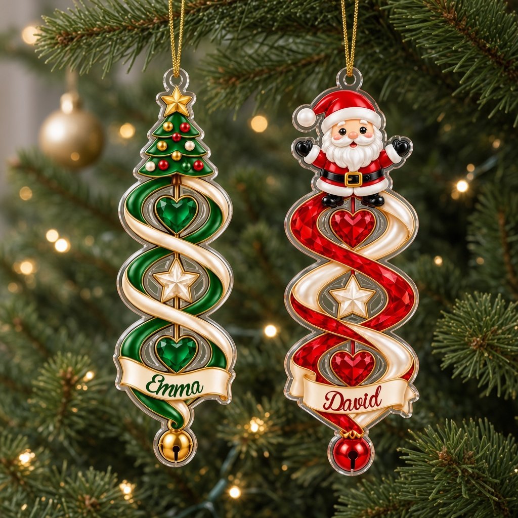 Custom-cut acrylic ornament with snowman or Christmas tree, spiral ribbon, gem hearts, and a name banner with bell.