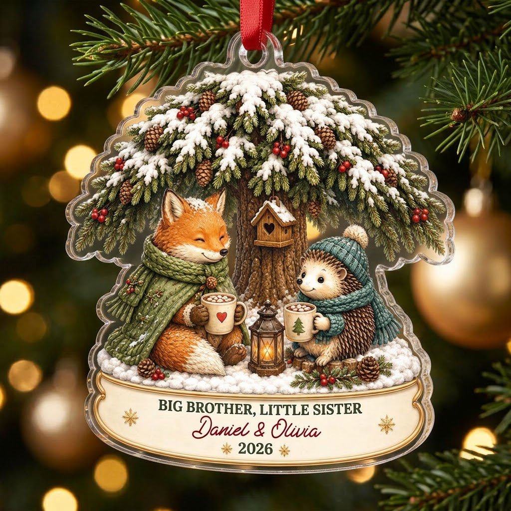 Acrylic ornament with snowy tree, fox and hedgehog holding mugs, banner says BIG BROTHER, LITTLE SISTER.