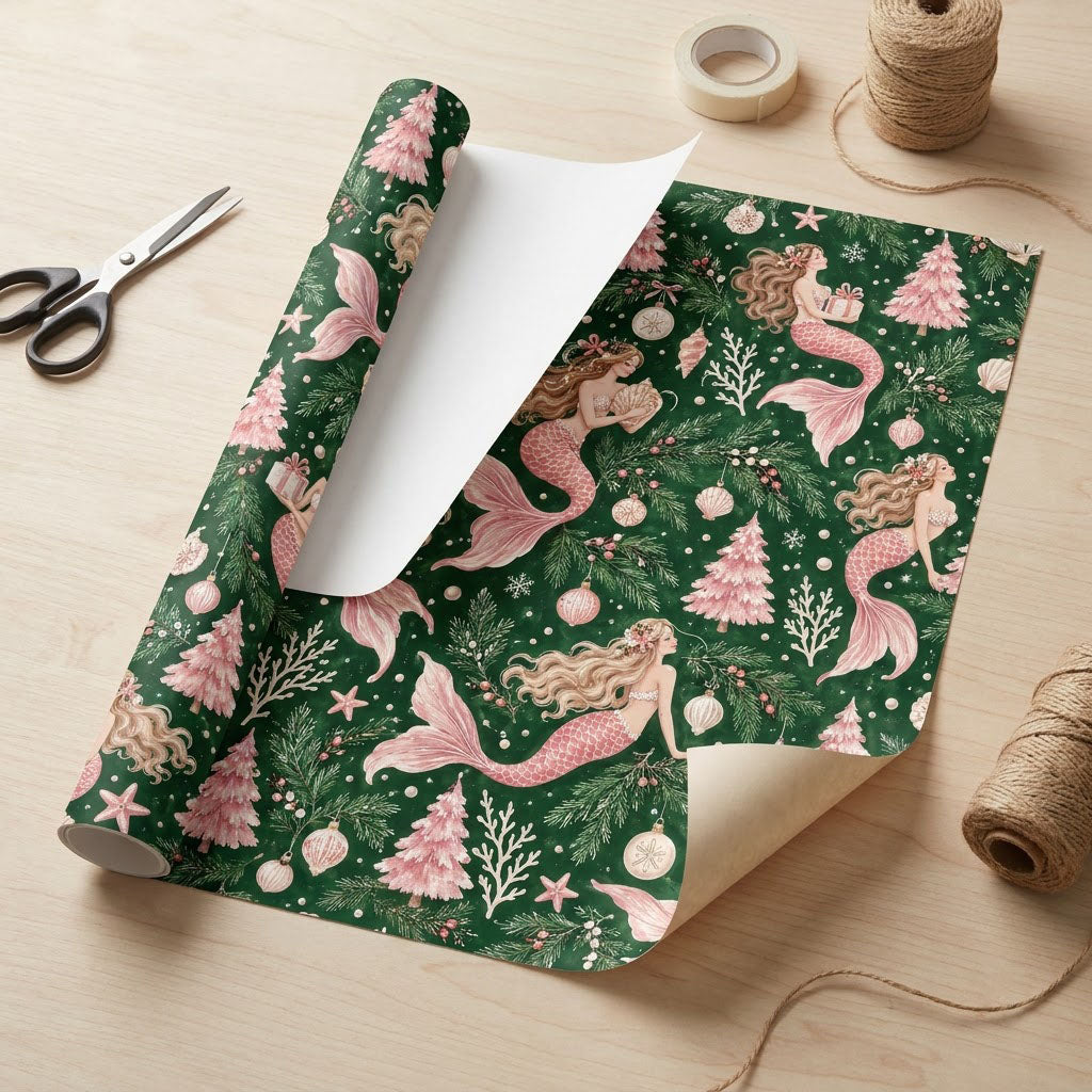 Dark green wrapping paper with pink-tailed mermaids, pink Christmas trees, starfish and snowflakes in a seamless pattern
