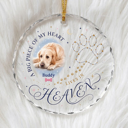 Personalized Dog Memorial Photo A Big Piece Of My Heart Lives In Heaven Round Glass Ornament