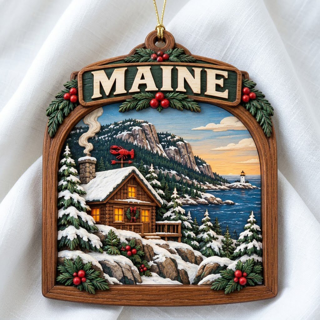 Arch-shaped wood ornament with "MAINE", snowy log cabin, pine trees, ocean lighthouse, and holly accents.