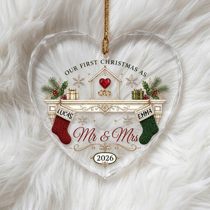 Personalized Our First Christmas as Mr & Mrs Fireplace Stockings Heart Glass Ornament