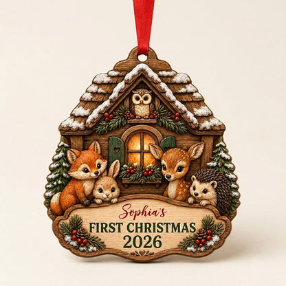 Personalized Woodland Cabin Baby's First Christmas Wood Ornament, Custom Keepsake