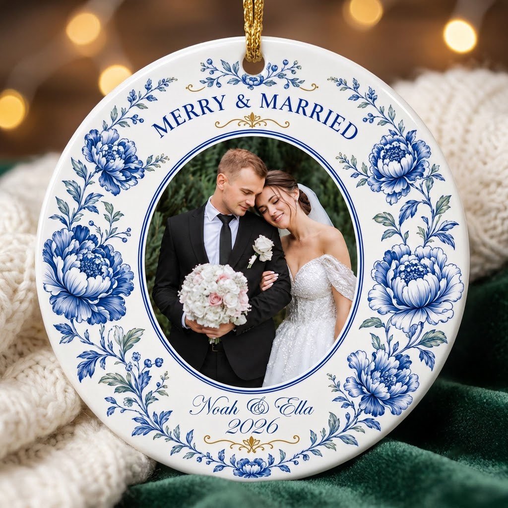 Round ceramic ornament with blue chinoiserie border, gold accents, and a circular wedding photo framed at center.