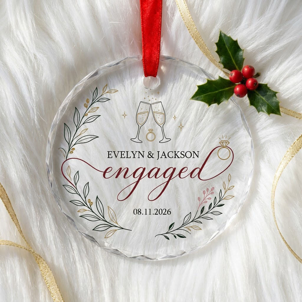 Round glass ornament with clinking champagne flutes, sparkles, ring and botanical foliage with burgundy ribbon and the w