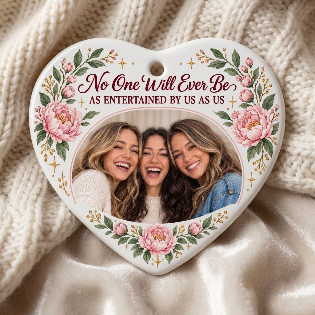 Heart ceramic ornament with a heart-shaped photo of three women, pink peonies, green leaves, and gold sparkles around th