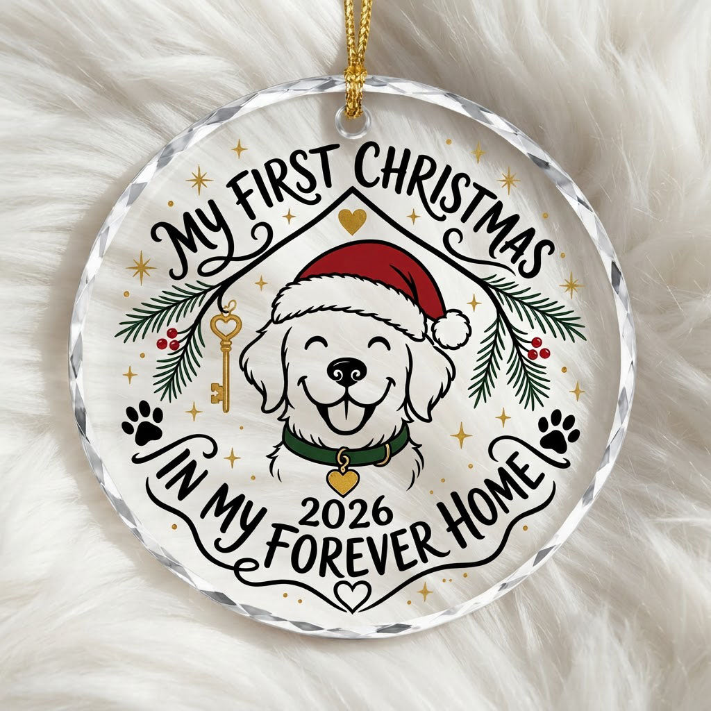 My First Christmas in My Forever Home Golden Puppy Round Glass Ornament