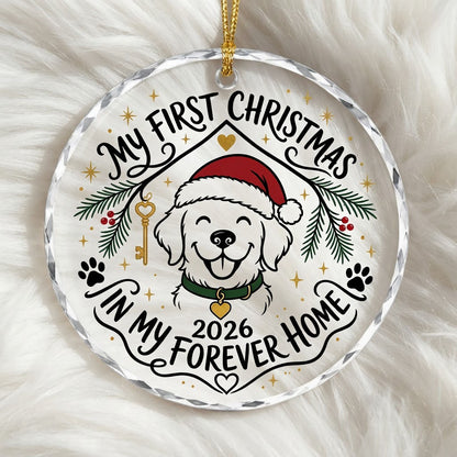 My First Christmas in My Forever Home Golden Puppy Round Glass Ornament