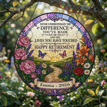 Personalized Retirement Sunrise Pathway Never Underestimate The Difference Stained Glass Round Suncatcher