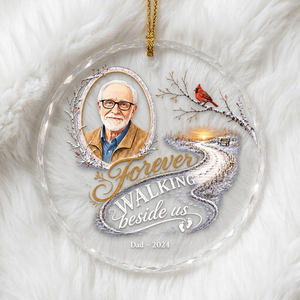 Round glass ornament with birch oval frame, custom photo, red cardinal, winter path and bench, and 'Forever WALKING besi