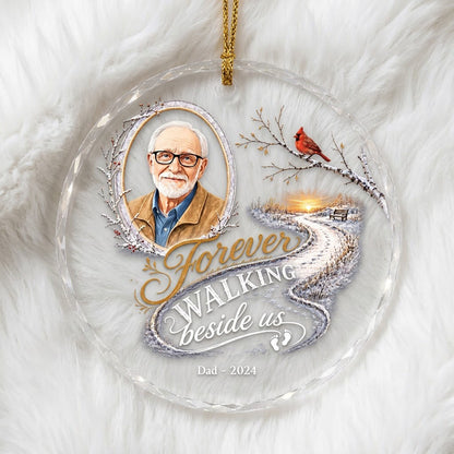 Round glass ornament with birch oval frame, custom photo, red cardinal, winter path and bench, and 'Forever WALKING besi