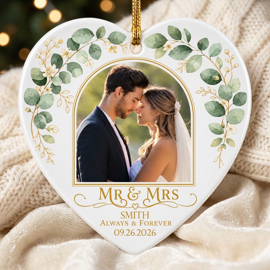 White heart ceramic ornament with wedding photo, eucalyptus leaves, gold accents, and text MR & MRS, ALWAYS & FOREVER.