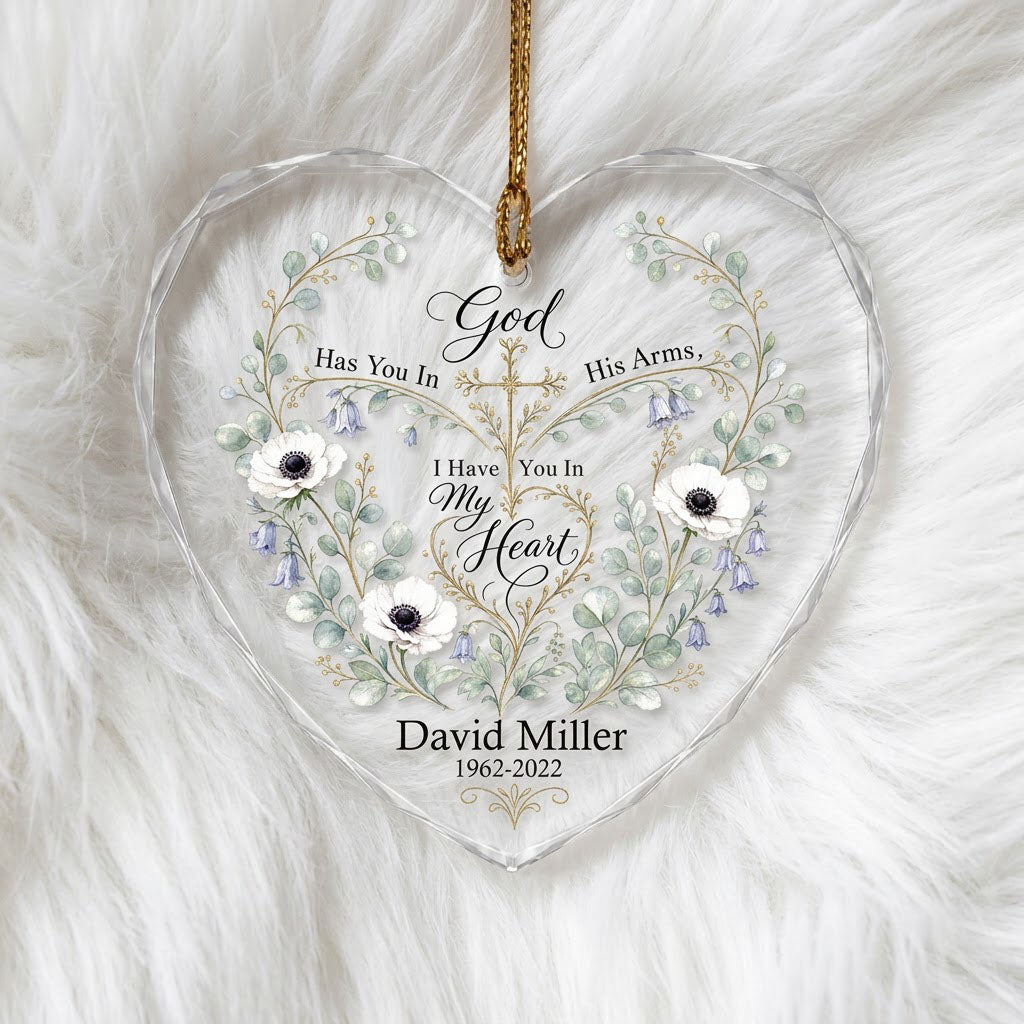 Personalized Botanical Cross Memorial God Has You In His Arms Heart Glass Ornament