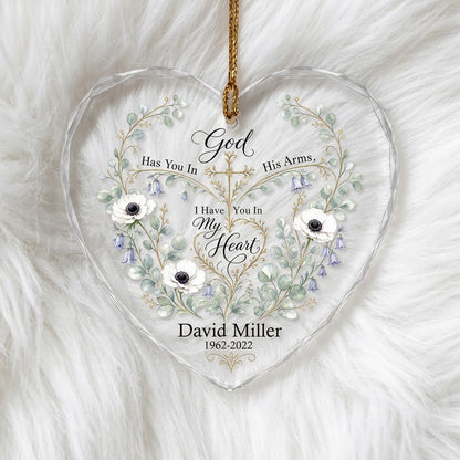 Personalized Botanical Cross Memorial God Has You In His Arms Heart Glass Ornament