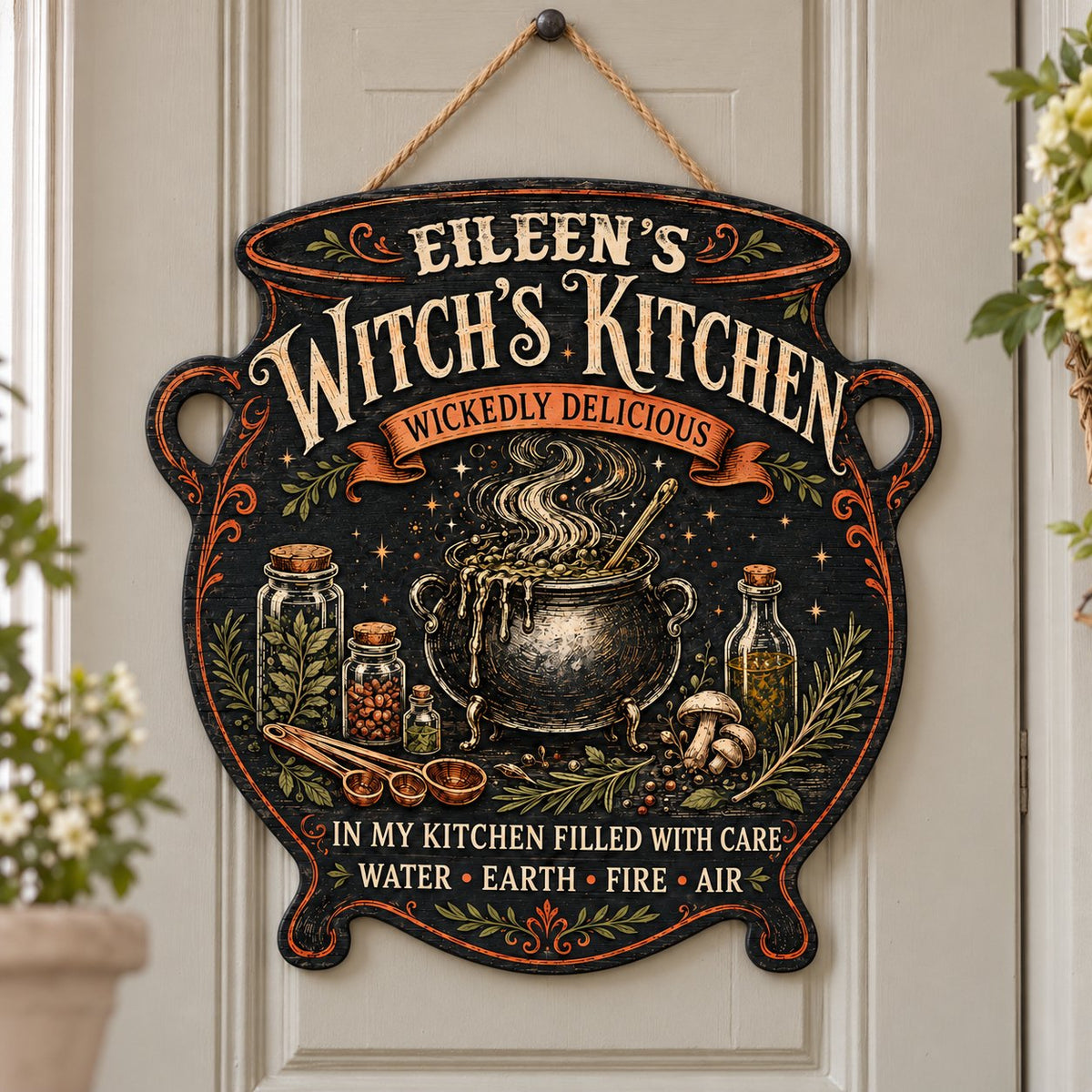 Custom-cut wooden sign shaped like a cauldron with herbs, potion jars, orange scroll and Witch's Kitchen text.