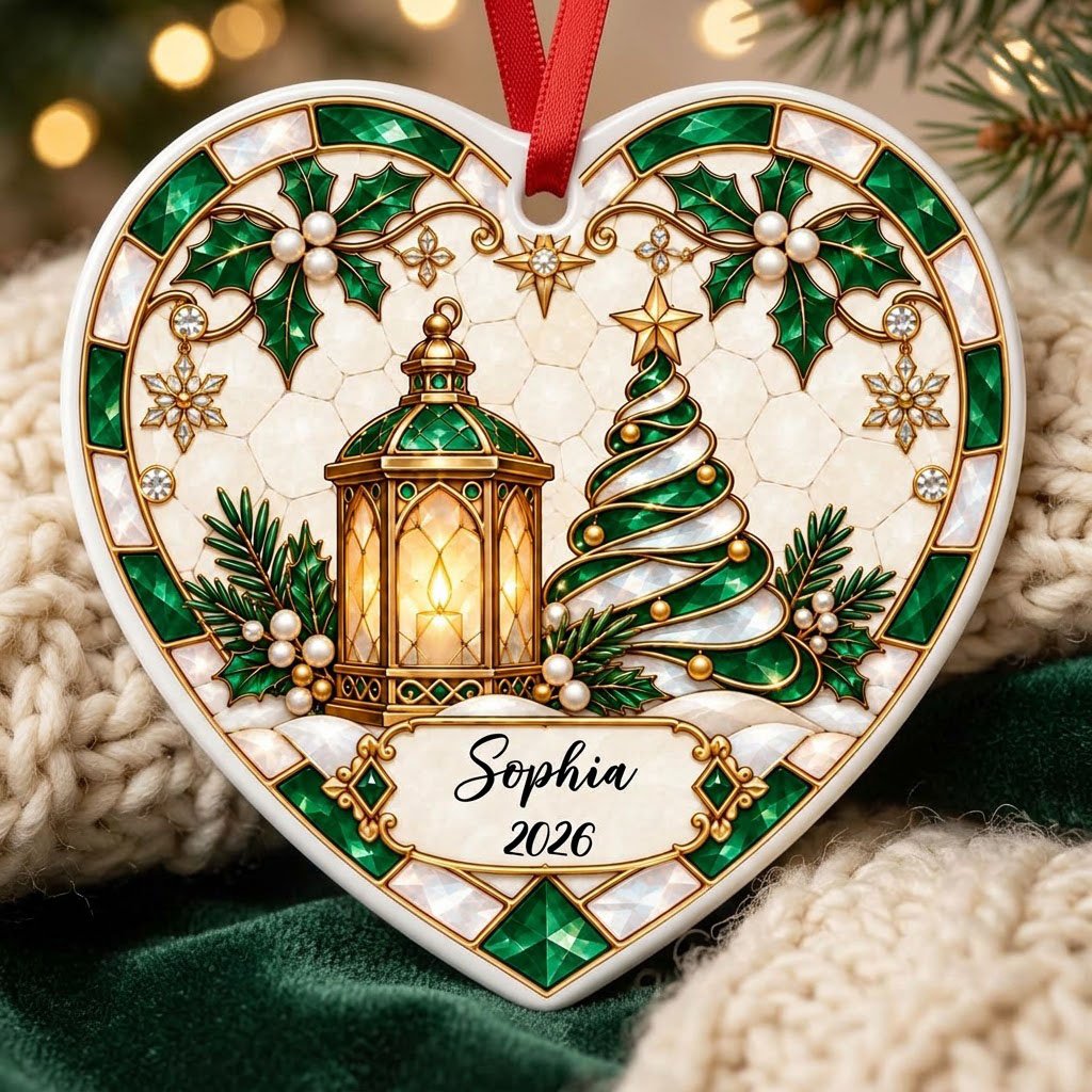 Heart ornament with emerald stained-glass border, gold lantern, spiral tree, holly, and a name-and-year scroll plaque.
