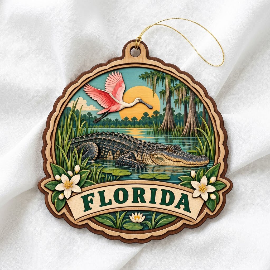 Scalloped wood ornament with alligator, pink spoonbill, sun, cypress trees, and 'FLORIDA' on a bottom banner.
