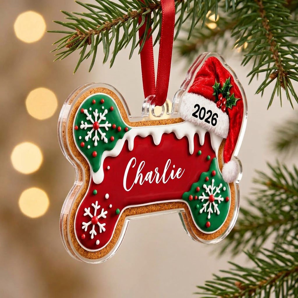 Acrylic ornament shaped like a gingerbread dog bone with Santa hat, white icing, snowflakes, and red-green sprinkles.