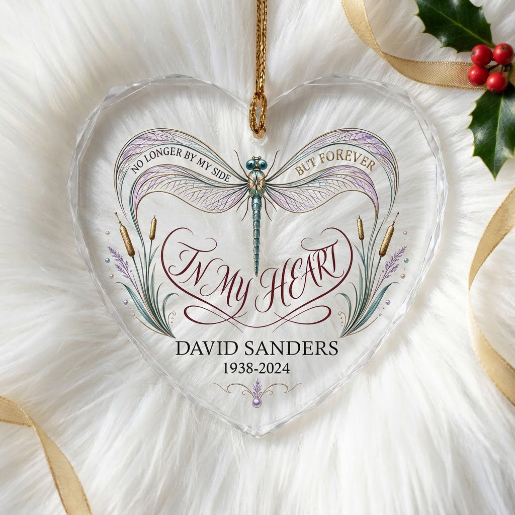 Personalized Dragonfly Memorial No Longer By My Side In My Heart Heart Glass Ornament