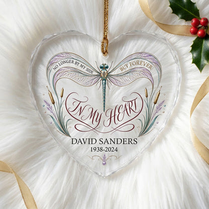 Personalized Dragonfly Memorial No Longer By My Side In My Heart Heart Glass Ornament