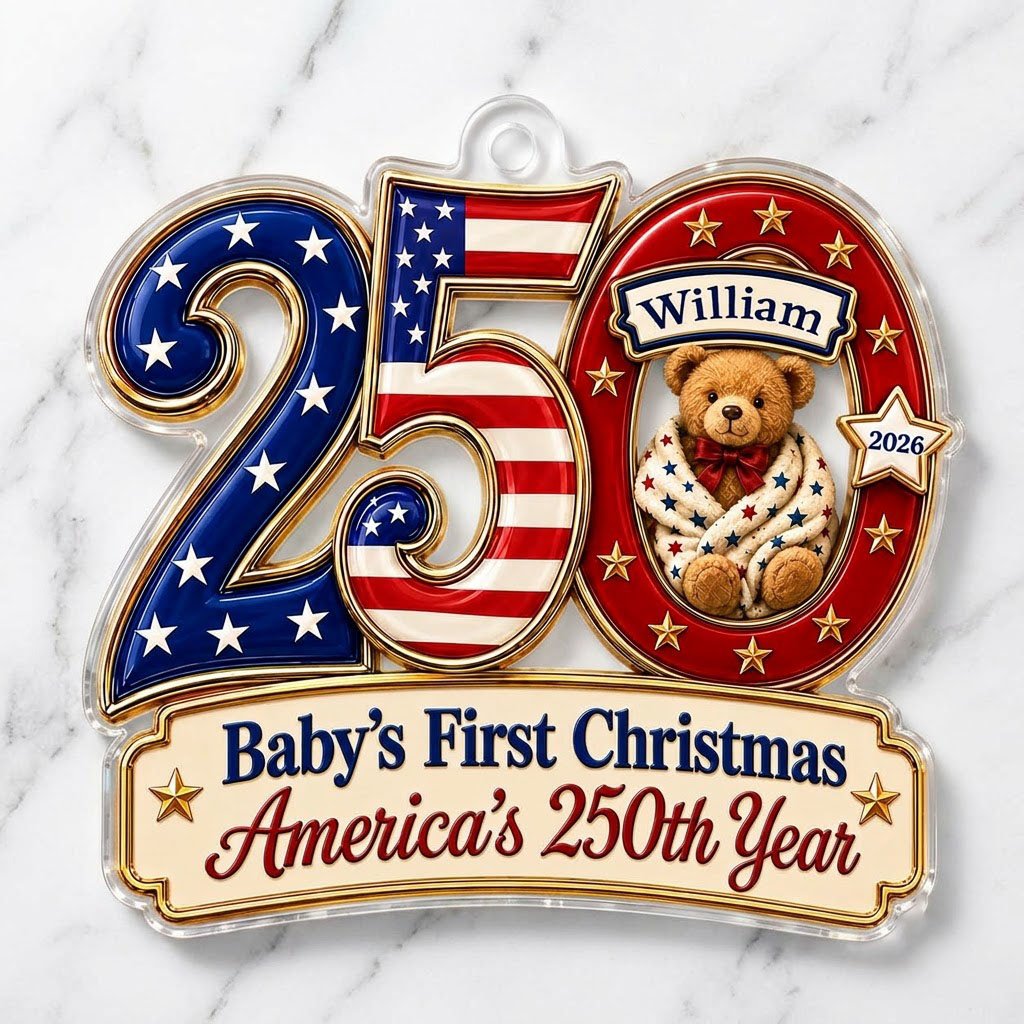 Acrylic ornament shaped like 250 with a teddy bear in the 0 and a gold-trimmed banner for the baby's name and year.