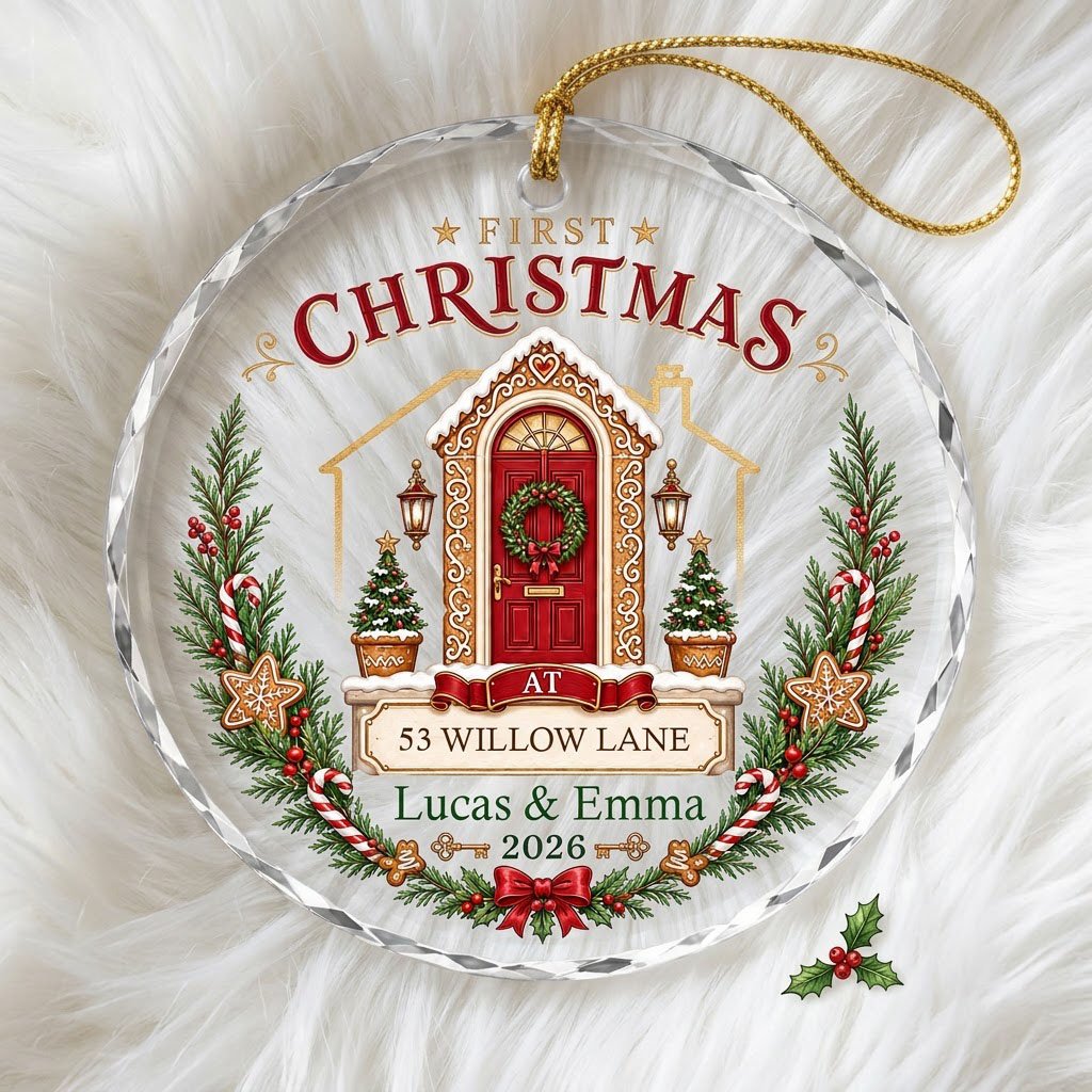 Personalized First Christmas at New Home Gingerbread Door Round Glass Ornament