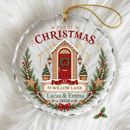 Personalized First Christmas at New Home Gingerbread Door Round Glass Ornament