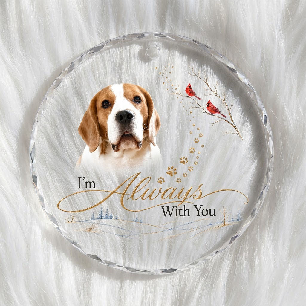 Personalized Dog Memorial Photo I'm Always With You Winter Cardinal Round Glass Ornament