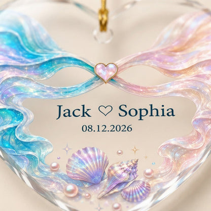 Personalized Iridescent Ribbon Seashell Heart Glass Ornament
