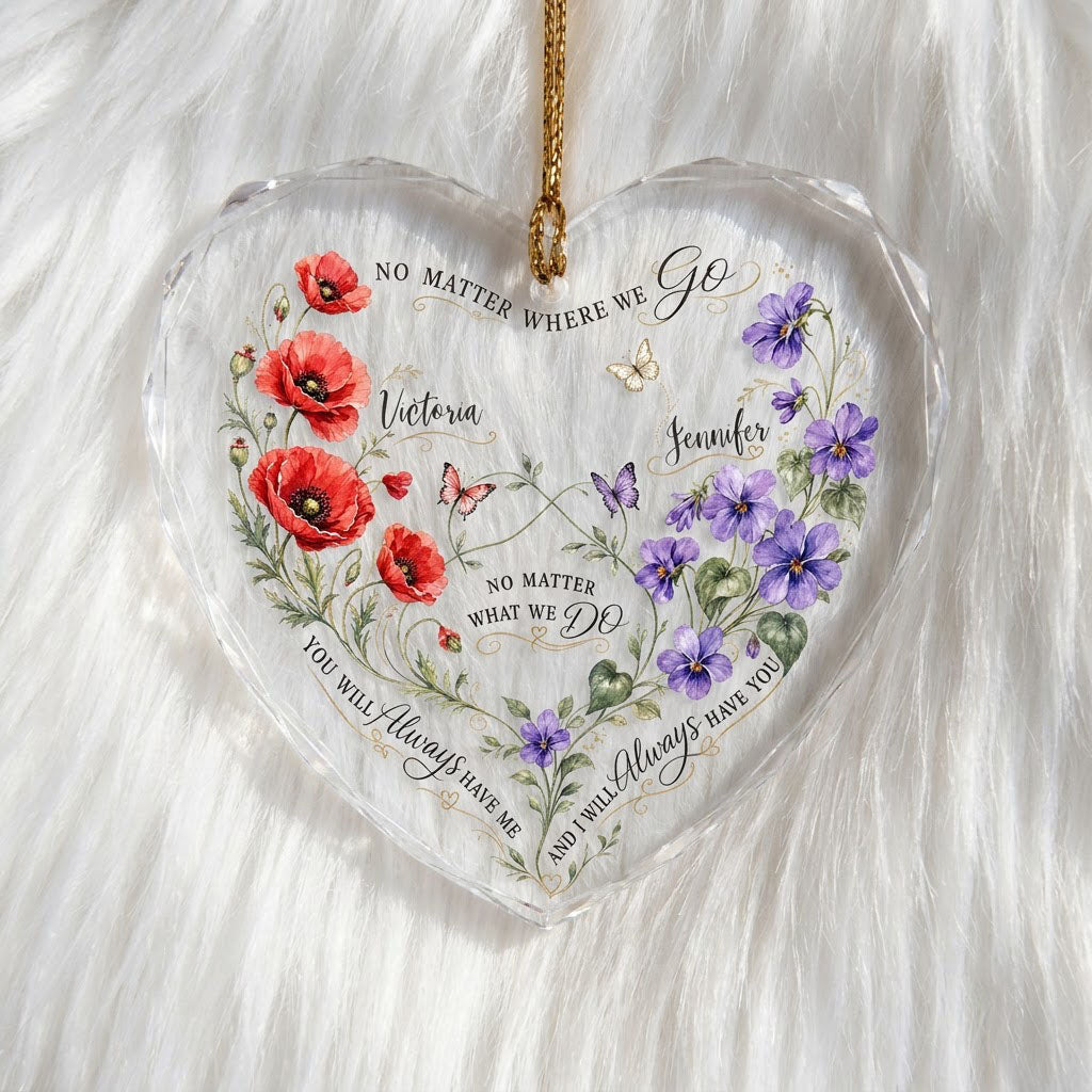 Faceted heart glass ornament with red poppies, purple violets, three butterflies, and two personalized names.
