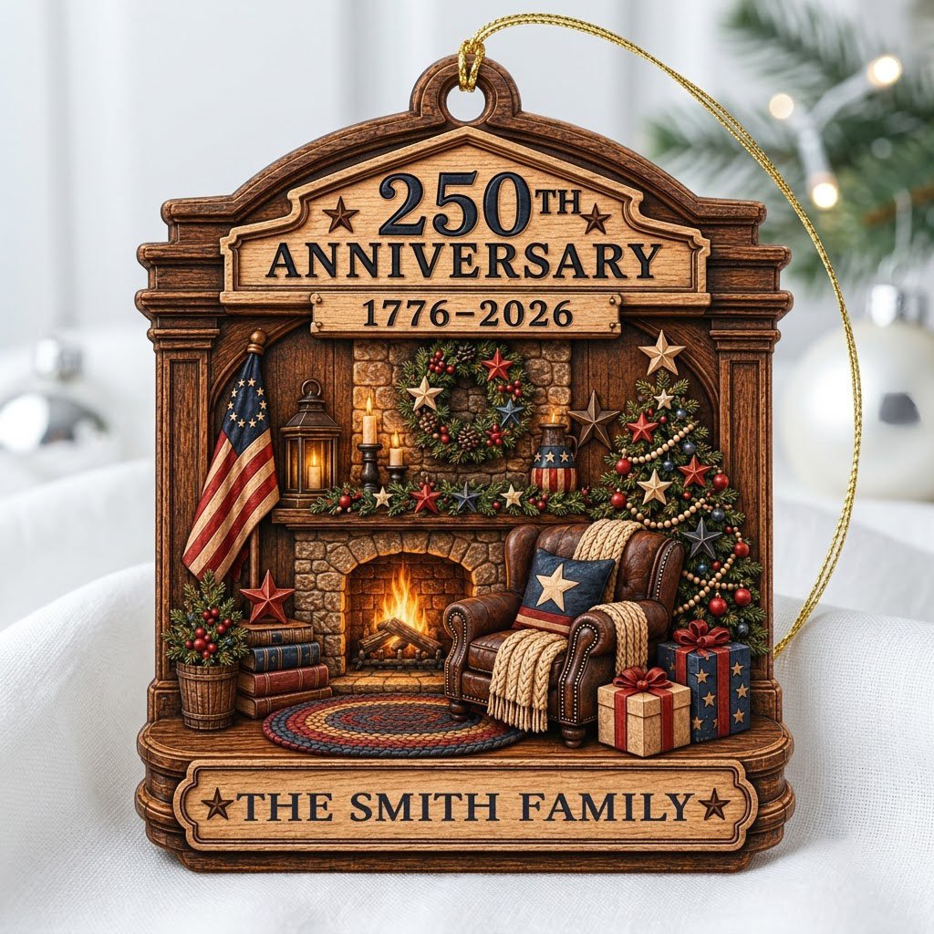 Arch wood ornament with a cozy fireplace, Christmas tree, and American flag, personalized with the family name.