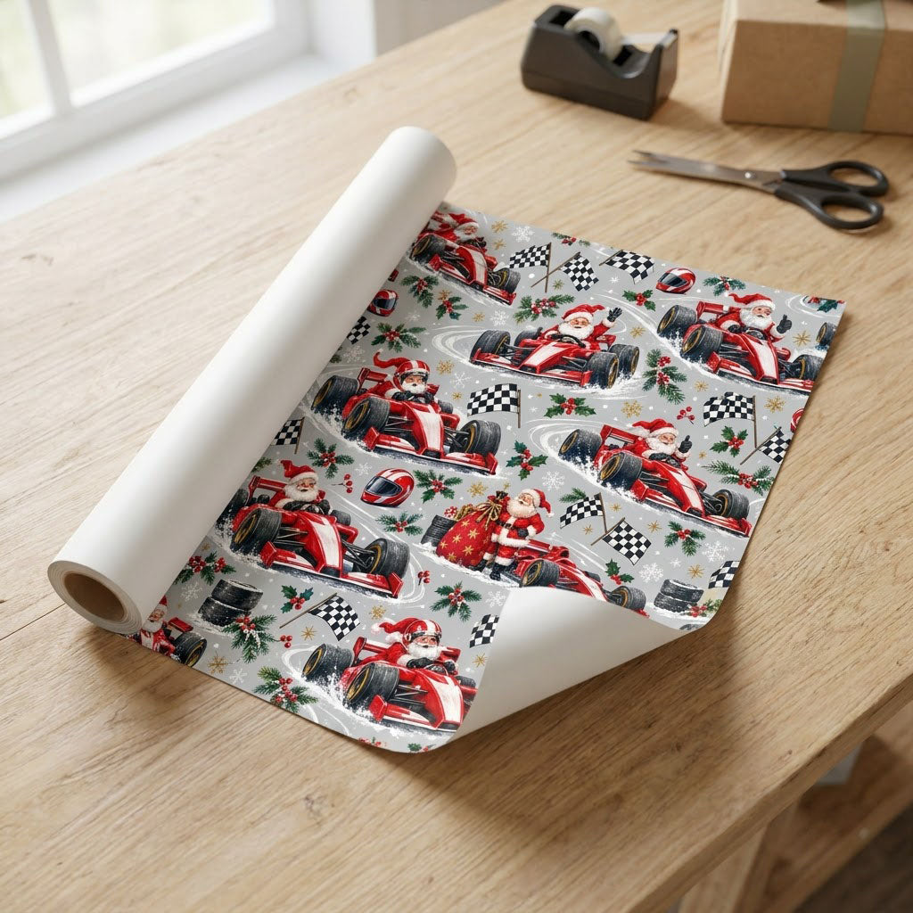 Light grey wrapping paper with Santa in red F1 cars, checkered flags, helmets, holly, and snowflakes.