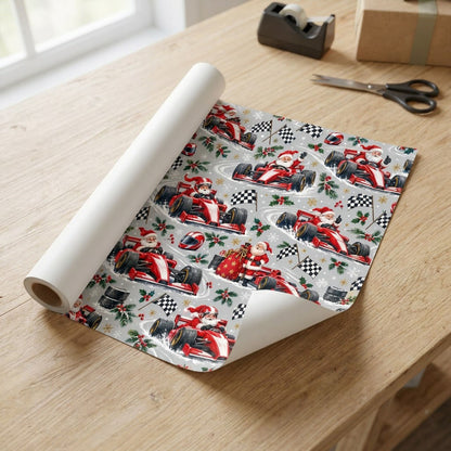 Light grey wrapping paper with Santa in red F1 cars, checkered flags, helmets, holly, and snowflakes.
