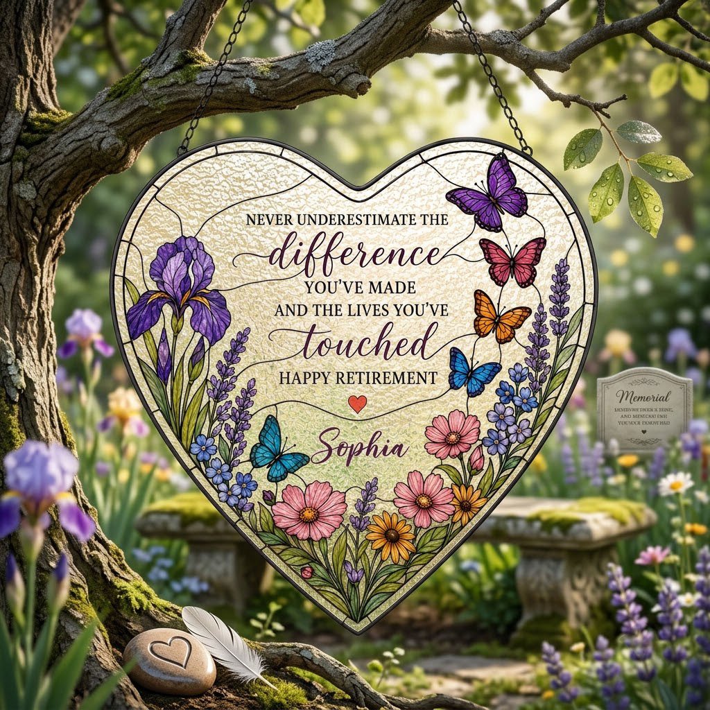 Personalized Retirement Purple Iris Wildflower Never Underestimate The Difference Happy Retirement Heart Stained Glass Suncatcher