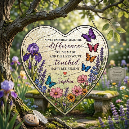 Personalized Retirement Purple Iris Wildflower Never Underestimate The Difference Happy Retirement Heart Stained Glass Suncatcher