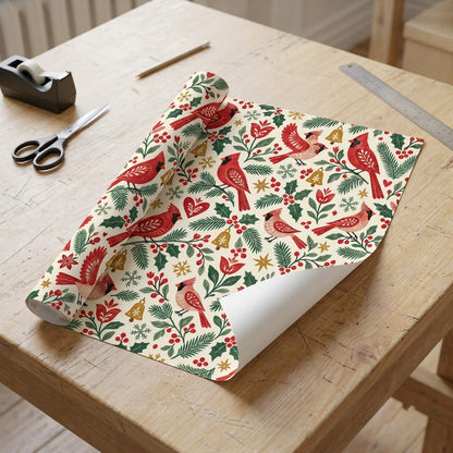 Cream gift wrap with red cardinals, pine and holly, berries, gold bells and snowflakes in a Christmas pattern.