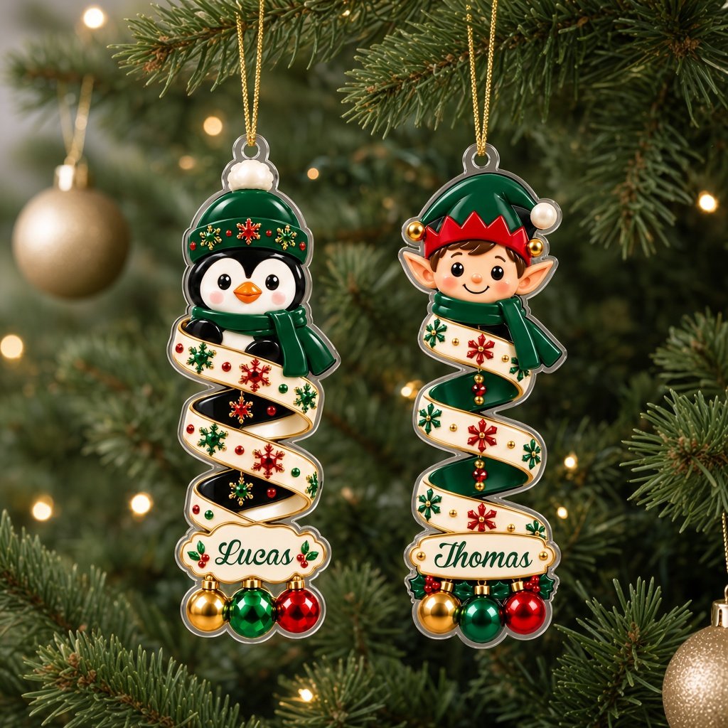Clear acrylic ornament with elf or reindeer, spiral ribbon body and three dangling baubles, ready to hang on a Christmas