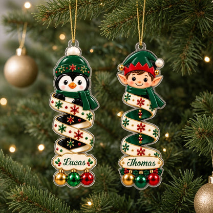 Clear acrylic ornament with elf or reindeer, spiral ribbon body and three dangling baubles, ready to hang on a Christmas
