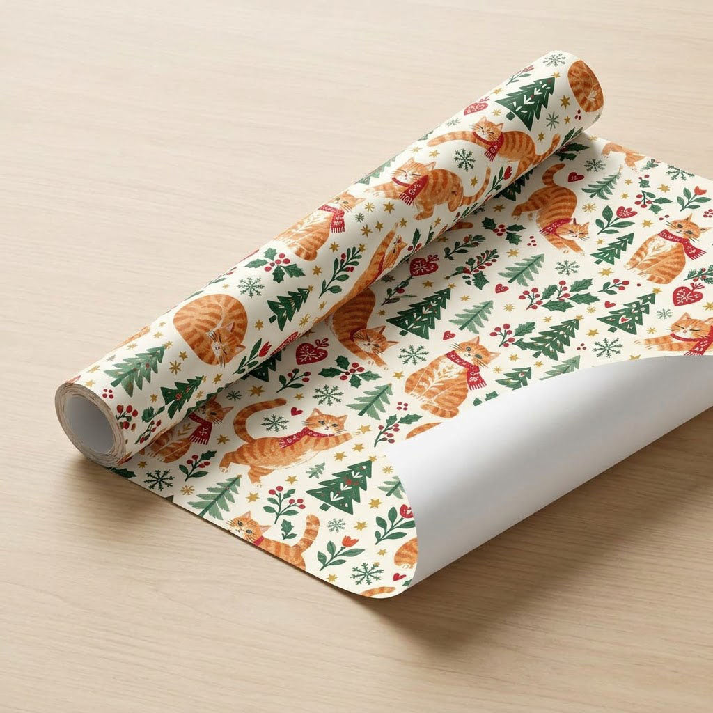 Cream wrapping paper with ginger tabby cats in red scarves, pine trees, hearts, berries, stars, and snowflakes.