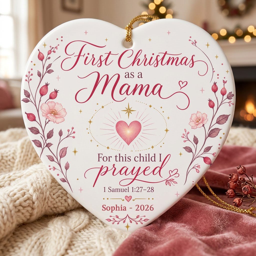Heart ceramic ornament with pink florals, radiant pink heart, gold star, and First Christmas as a Mama text with name an