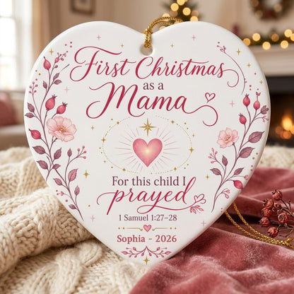 Heart ceramic ornament with pink florals, radiant pink heart, gold star, and First Christmas as a Mama text with name an